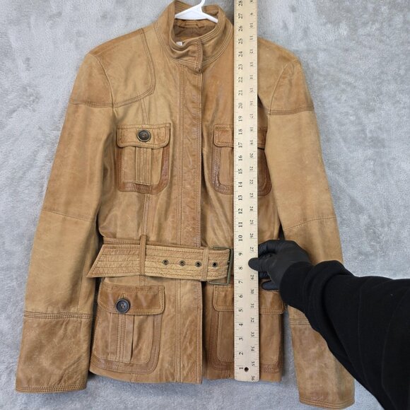 Zara Basic Jacket Womens Small Brown Leather Belted Safari Military Snap Pockets - Picture 9 of 13